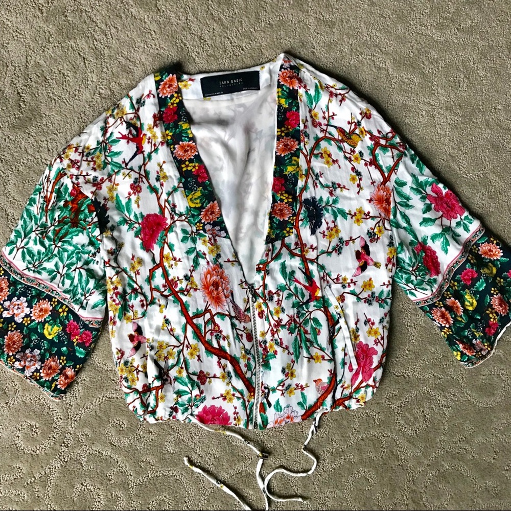 Zara Floral White Multicolor Cropped Jacket